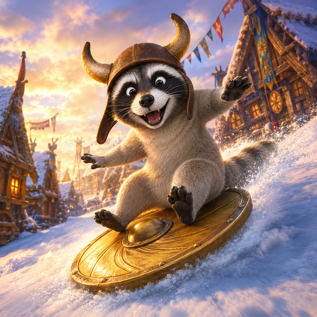 BULLCOON shield-sledding down a snowy Viking village
