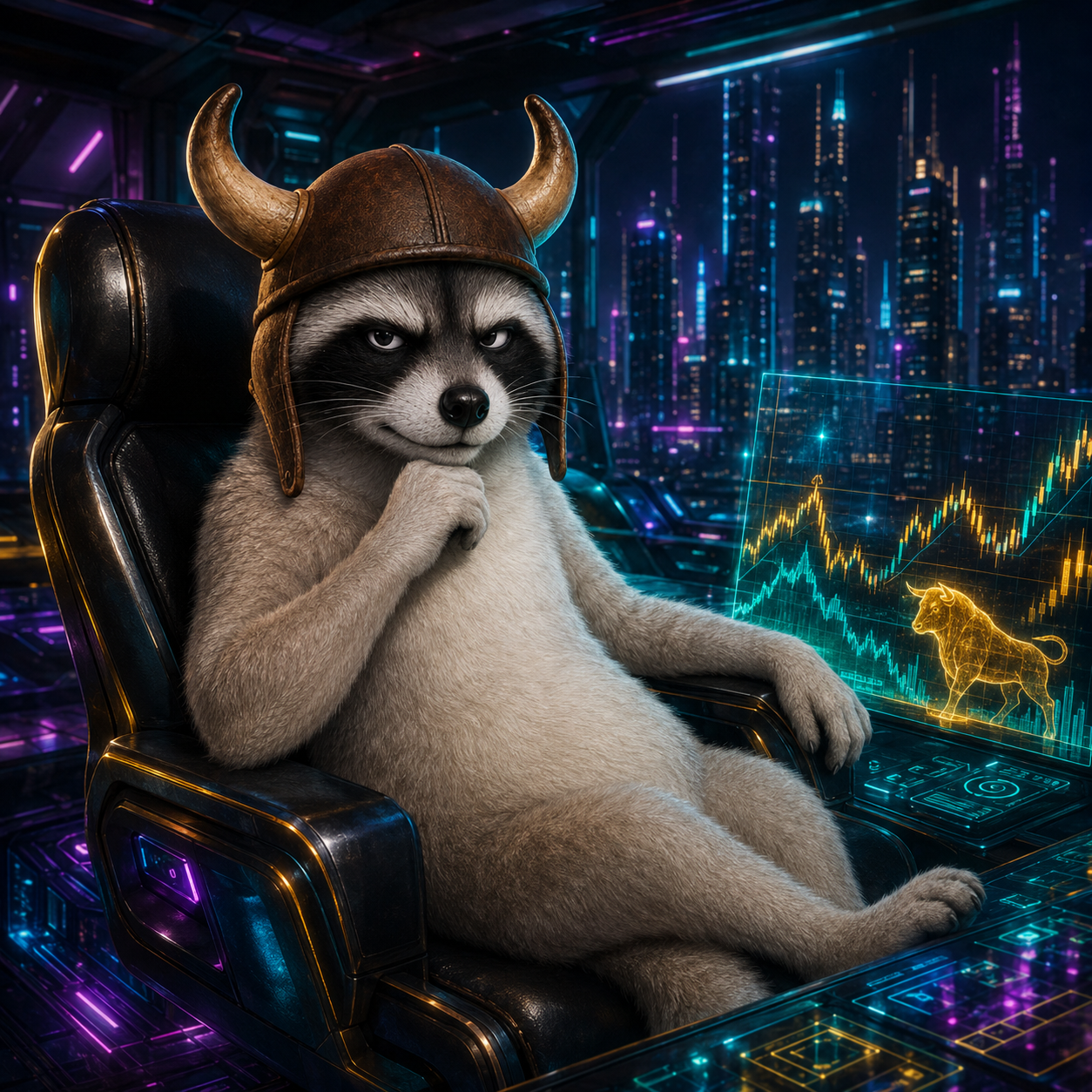 BULLCOON trading in a cyberpunk cockpit